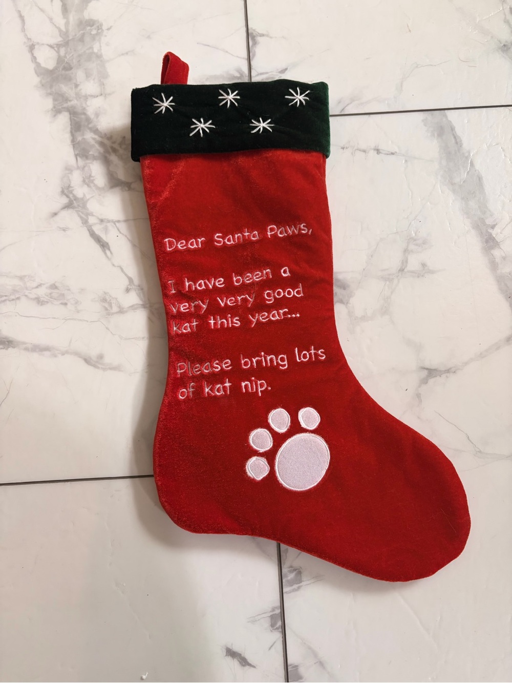 Amazon Red Plush Cat Stocking with Green Cuff and White Paw Embroidery